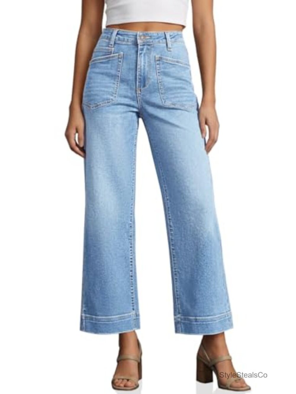 High Waisted Cropped Wide Leg Jeans Stretch Denim Ankle Pant Distressed